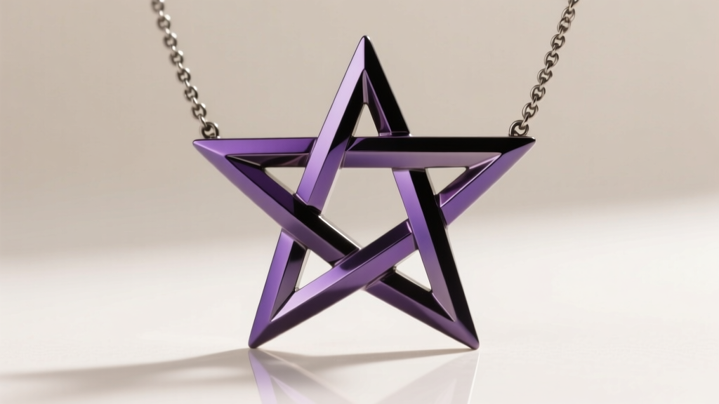 Dark purple anodized titanium inverted pentagram necklace showcasing lightweight precision CNC milling and sharp geometric lines.