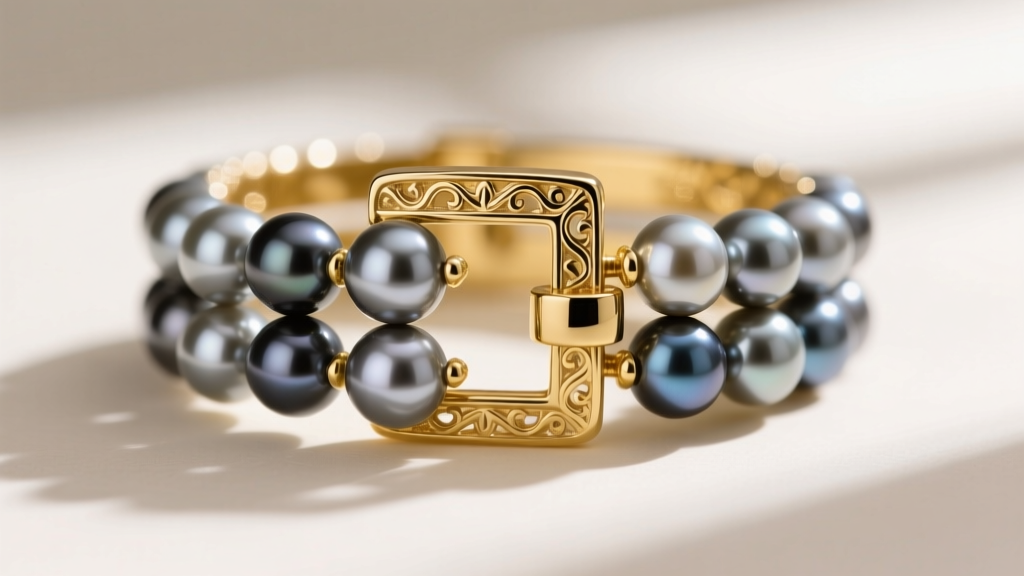 Detailed view of a 14k yellow gold multi-strand box clasp with a safety catch, securing three strands of grey Tahitian pearls.