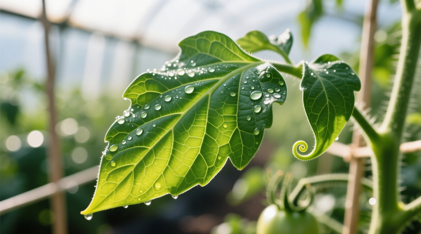 Close-up of tomato leaf showing upward curling pattern