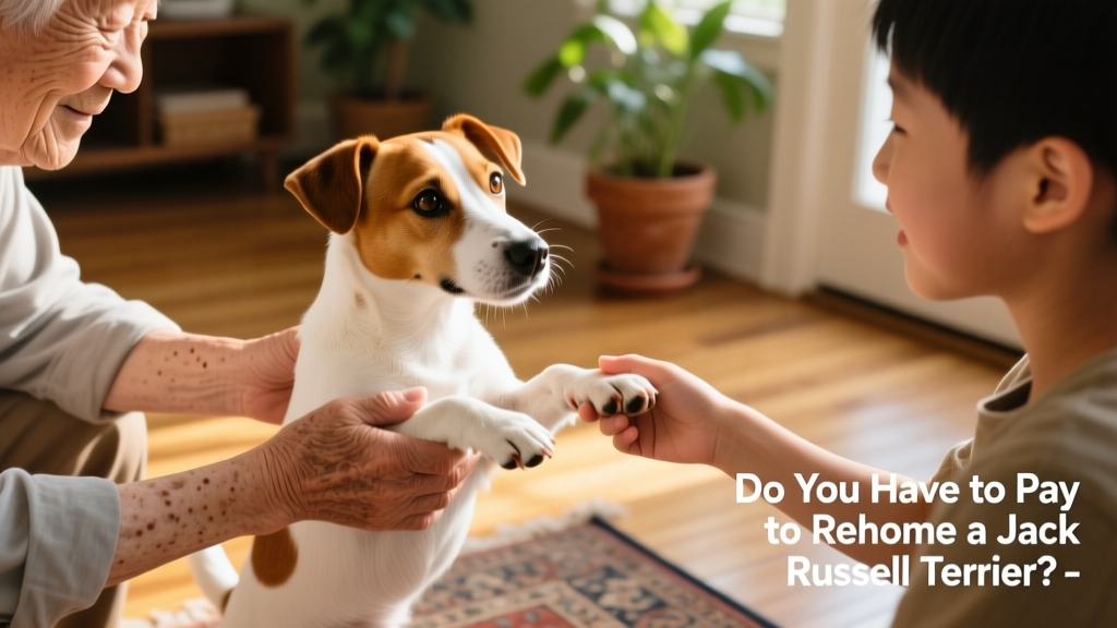 Two hands—one belonging to a senior owner, the other to a young family member—gently holding a Jack Russell Terrier’s paws during a meet-and-greet