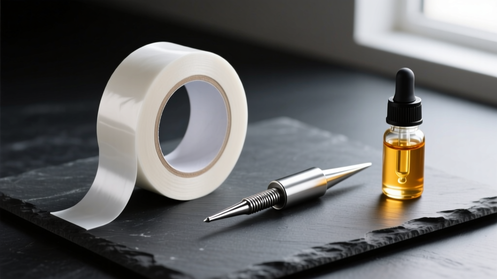 Flat lay of PTFE tape, an implant-grade titanium taper, and jojoba oil on dark slate, showcasing essential ear stretching tools