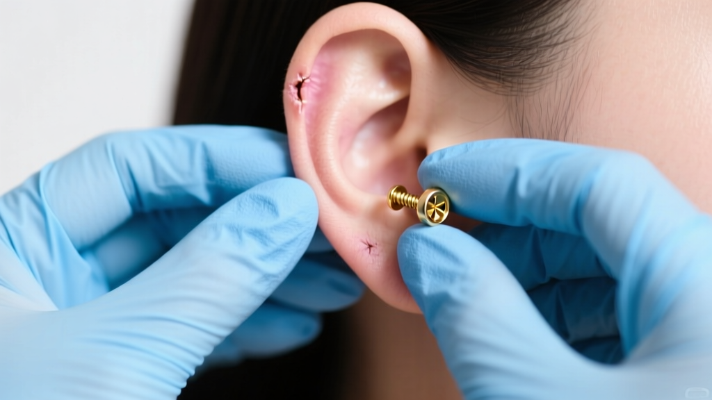 Hands in blue nitrile gloves gently gripping a 14k gold screw-back stud earring for safe removal from a freshly healed earlobe.