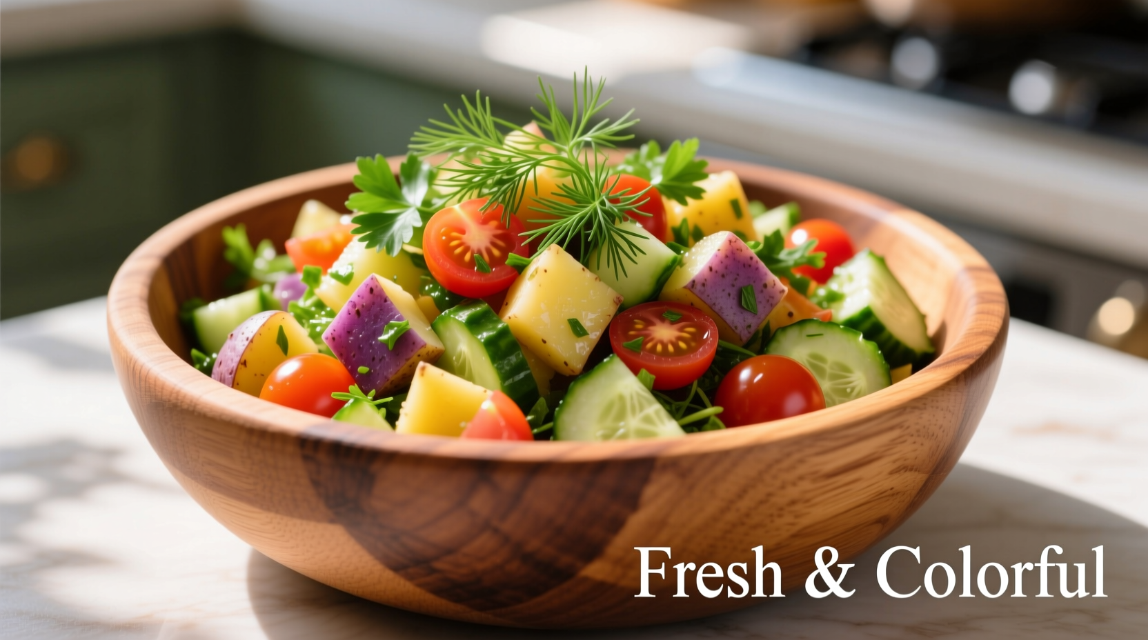 Colorful potato salad in wooden bowl with fresh herbs