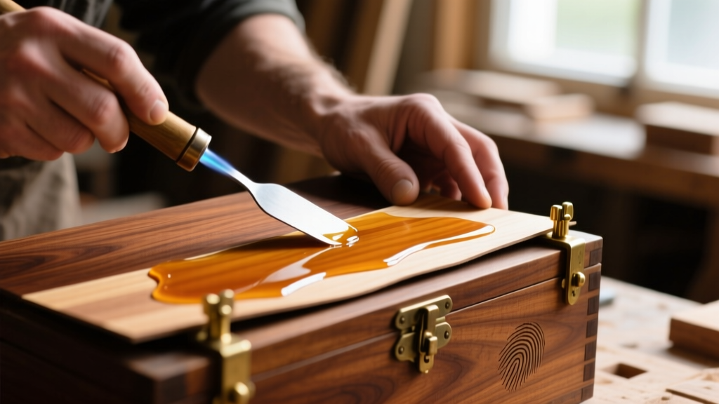 Hands applying liquid hide glue to lifting mahogany veneer on an antique box using a heated spatula and small clamps.