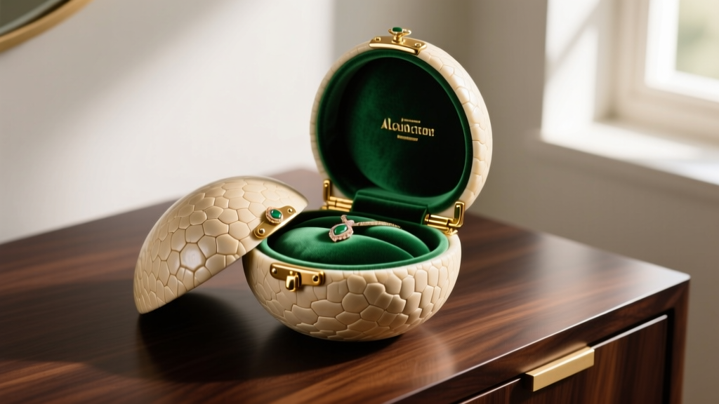 Ostrich egg jewelry box on dark walnut vanity, open to reveal emerald green Alcantara lining and polished brass hardware details