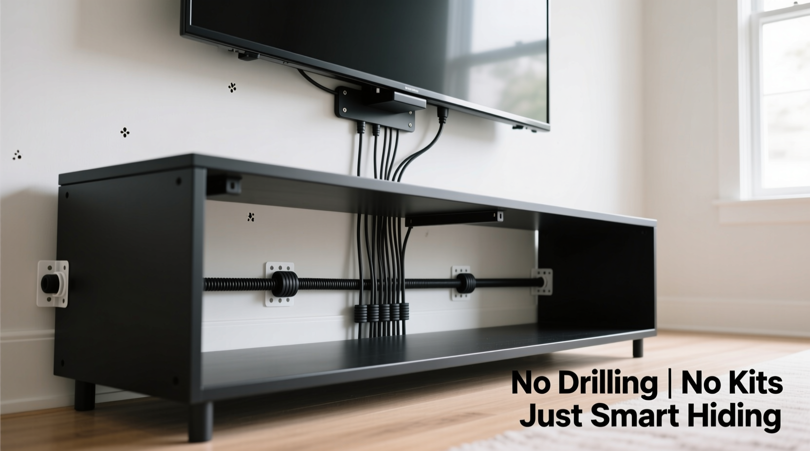 how to hide cords behind your tv stand without drilling holes or buying expensive kits