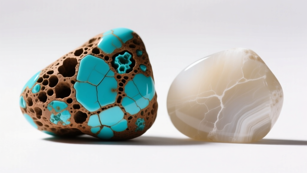 Macro view of the porous brown matrix of genuine Kingman turquoise next to the uniform, vein-less surface of dyed howlite gemstone.