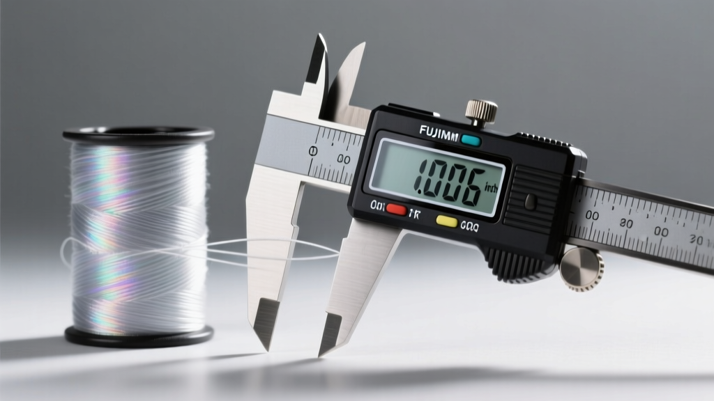 Digital caliper measuring 0.006 inch gel-spun thread beside a nylon spool, detailing materials for durable seed beaded earrings.