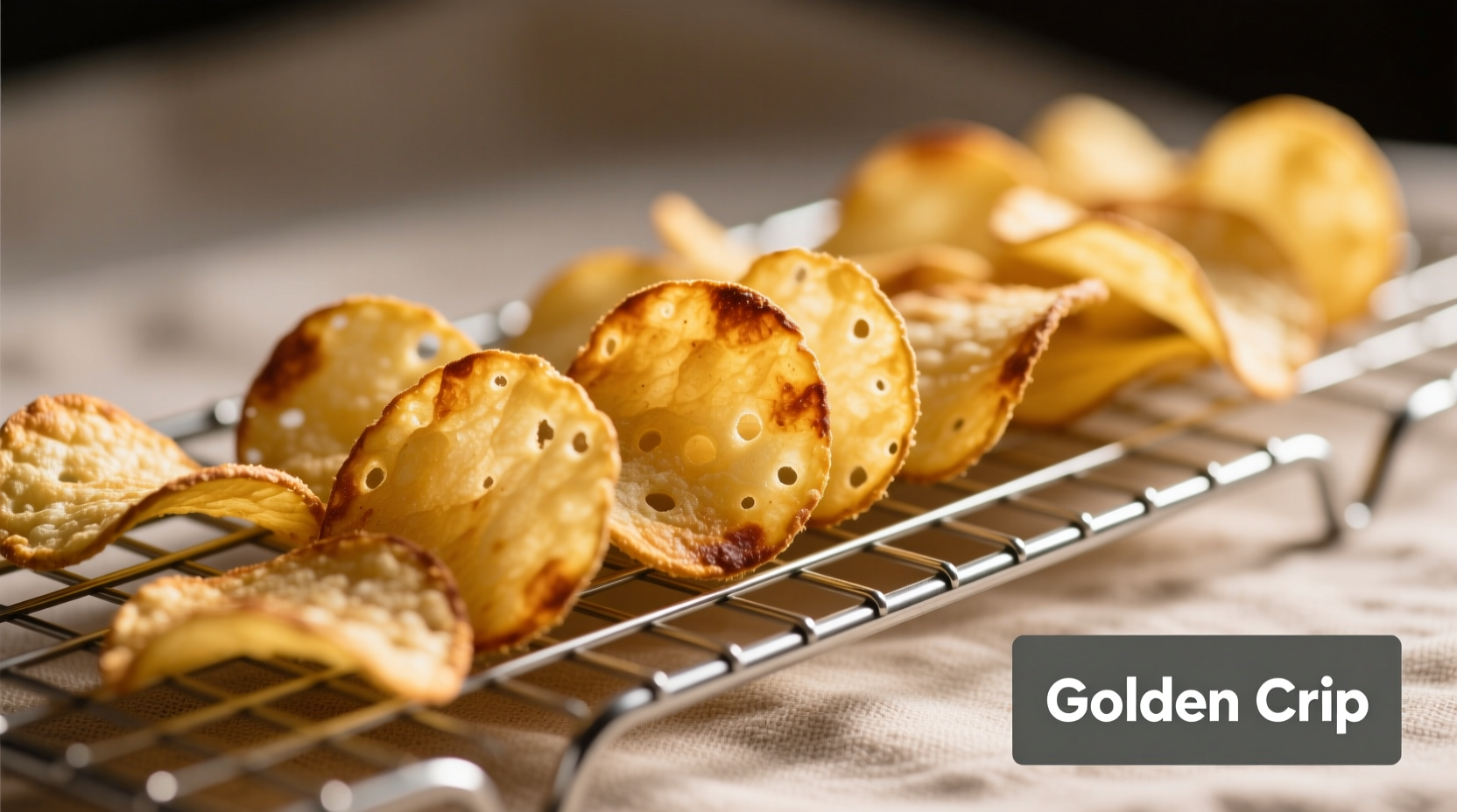 Perfectly golden oven-baked potato crisps on wire rack