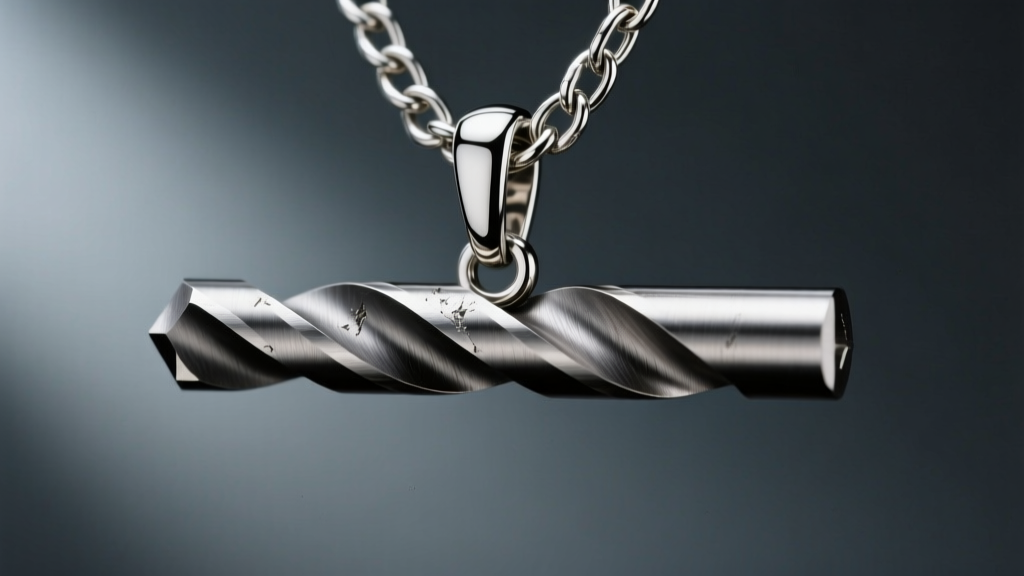 Close-up of a tungsten carbide core drill bit pendant hanging on a thick stainless steel curb chain against a dark slate background.