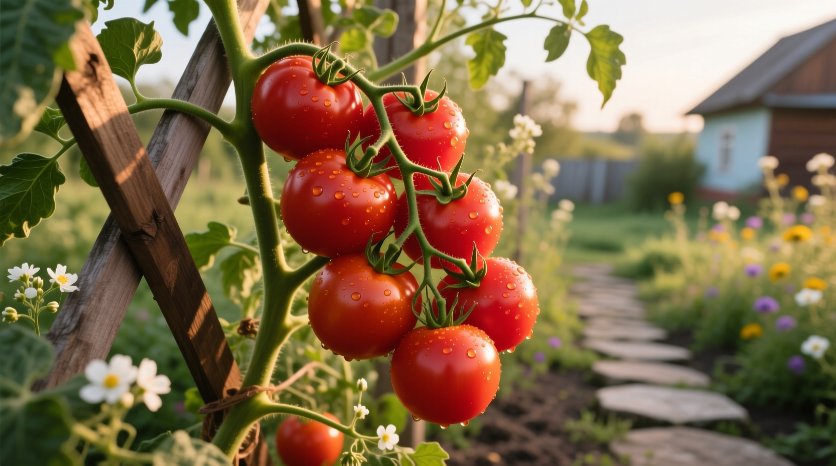Ripe Moskvich tomatoes on vine in garden