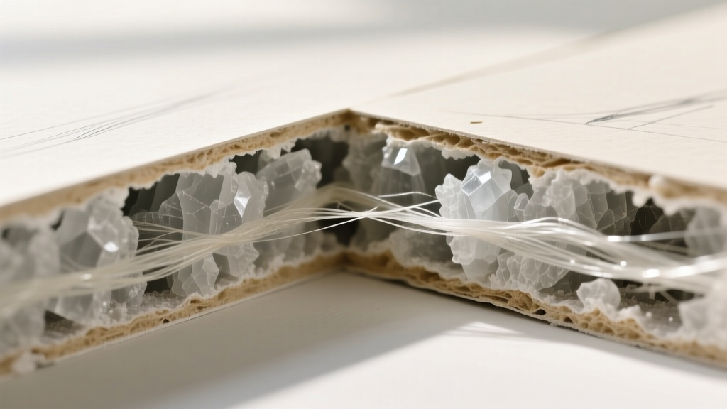 Macro cross-section of gypsum board revealing the dense calcium sulfate core, embedded fiberglass strands, and paper facer