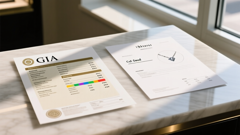 GIA diamond grading report next to a generic in-store jewelry appraisal document highlighting the difference in cut grade detail