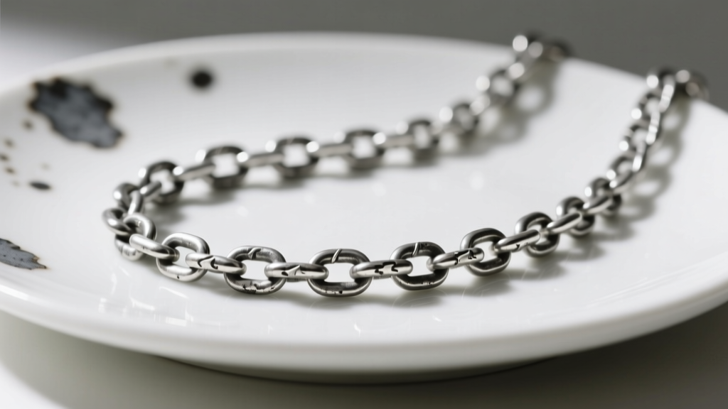 Tarnished 925 sterling silver chain on a white ceramic plate showing dark grey oxidation patches under soft studio lighting.