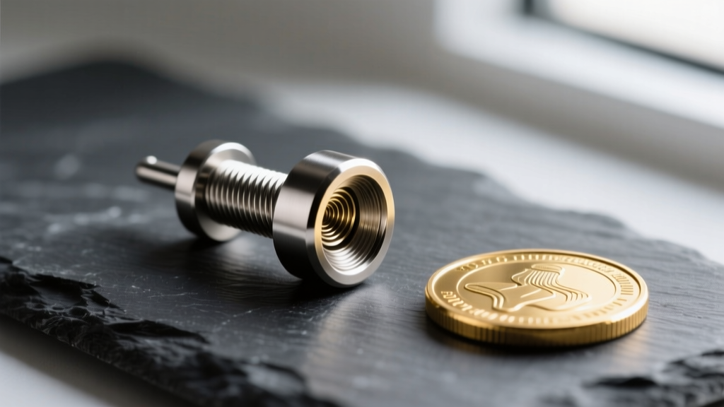 Macro shot of an internally threaded implant-grade titanium labret stud resting on a dark slate surface next to a gold coin