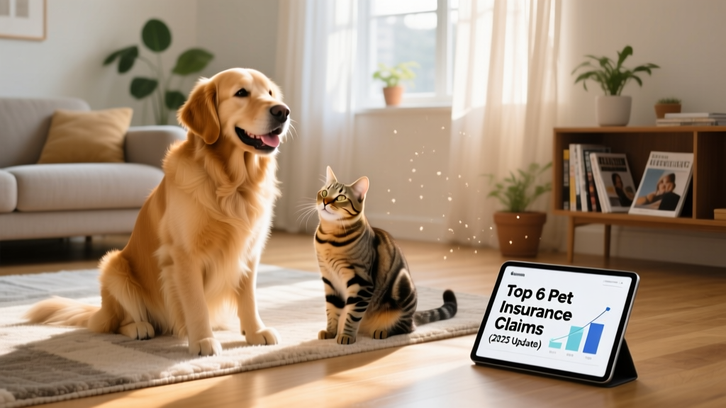 Happy golden retriever and tabby cat sitting side-by-side on a sunlit living room floor, symbolizing companionship and shared wellness