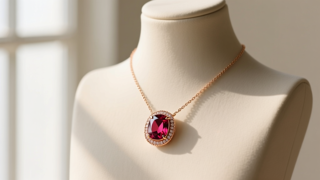 Bezel-set rhodolite red garnet necklace on a mannequin, showing a secure 18k rose gold rim and a delicate 1mm cable chain detail.