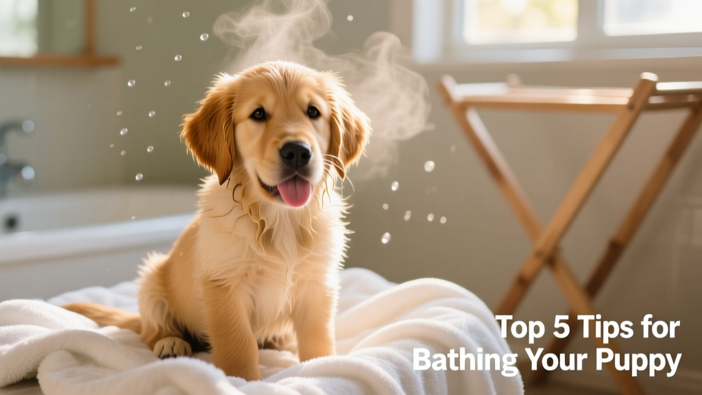 A happy, freshly dried puppy sitting calmly on a fluffy towel, looking relaxed and content