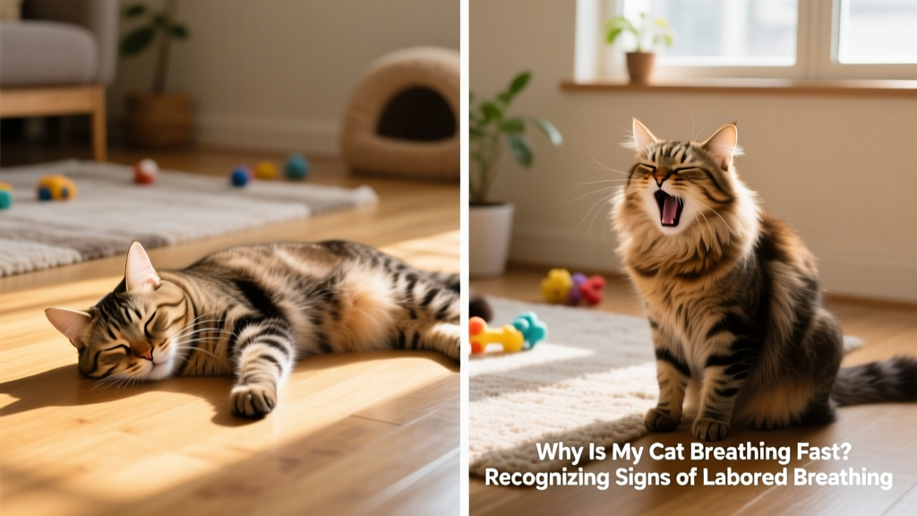 Side-by-side comparison: a relaxed cat breathing calmly versus one with visible labored breathing, highlighting chest movement differences