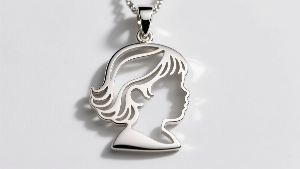Close-up of a custom sterling silver pendant laser-cut from a child's sketch, resting on dark slate with soft directional lighting.