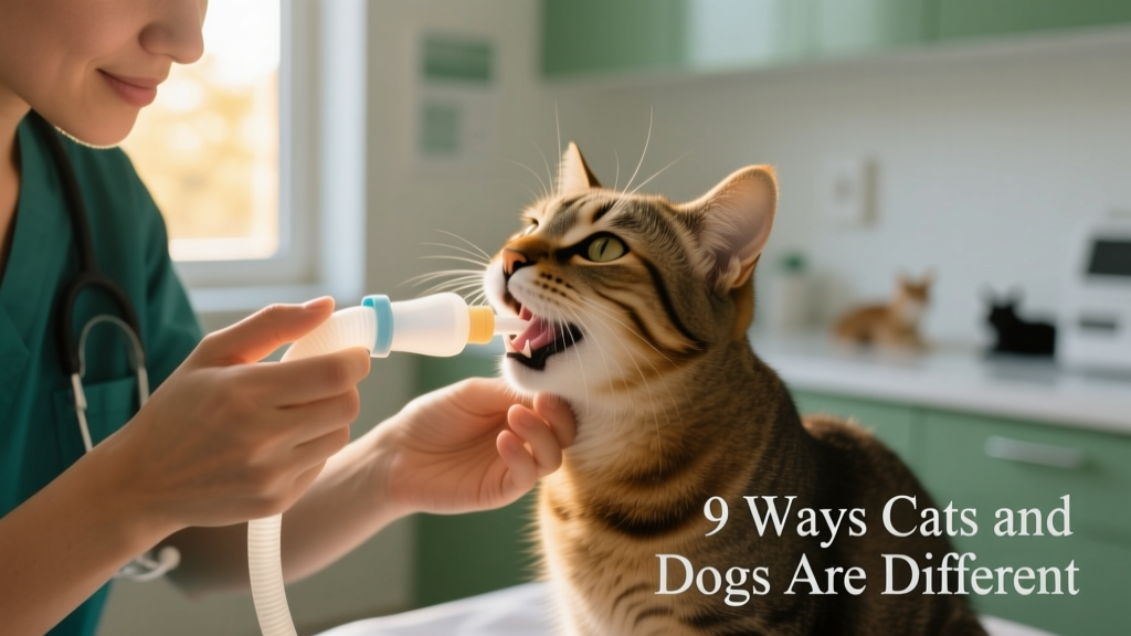 Close-up of a vet gently placing a soft feeding tube in a calm, cooperative cat