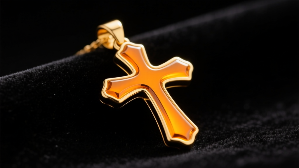 A 24k yellow gold Latin cross pendant on dark velvet, showing its rich orange-yellow hue and soft edges under warm studio lighting