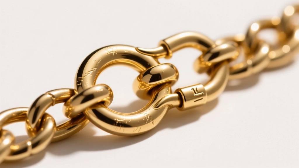 Detailed shot of a sturdy 14k gold lobster clasp attached to a thick 4mm curb chain, highlighting the secure jump ring connection