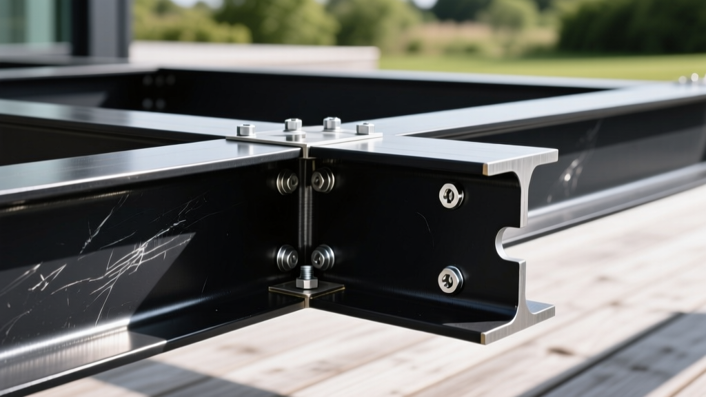 Close-up of galvanized New Castle steel deck framing joists with powder-coated black finish assembled with stainless steel fasteners outdoors