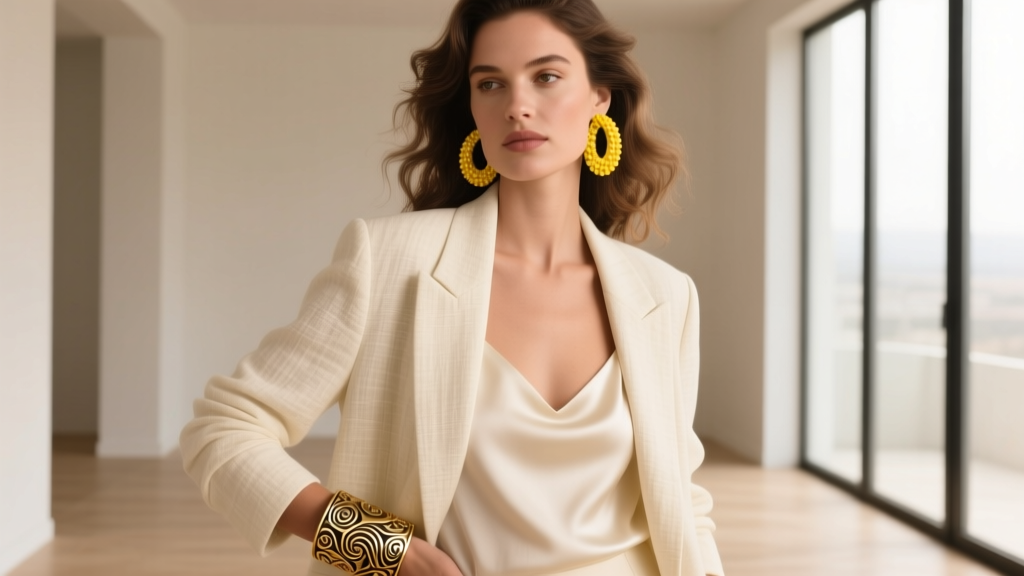 Woman in cream linen blazer, silk camisole, wide 1970s repousse gold cuff bracelet, and thick textured yellow gold hoop earrings.