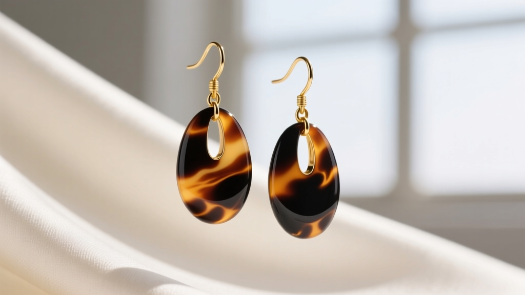 Close-up of premium Italian cellulose acetate tortoiseshell drop earrings with 14k gold vermeil hooks on raw silk background.