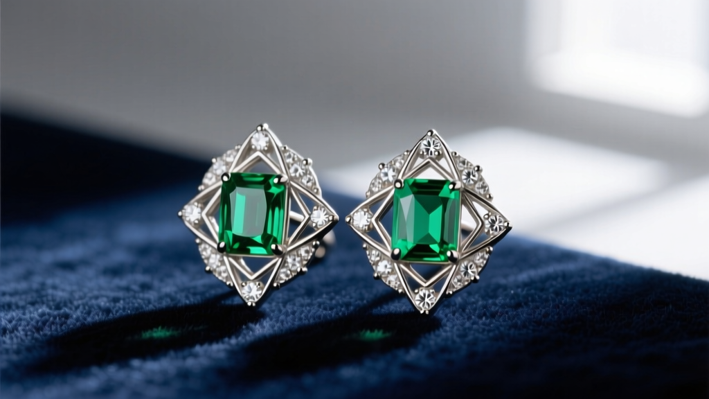 Close-up of authentic 1920s platinum Art Deco emerald earrings featuring geometric calibre-cut stones and diamond halos on velvet