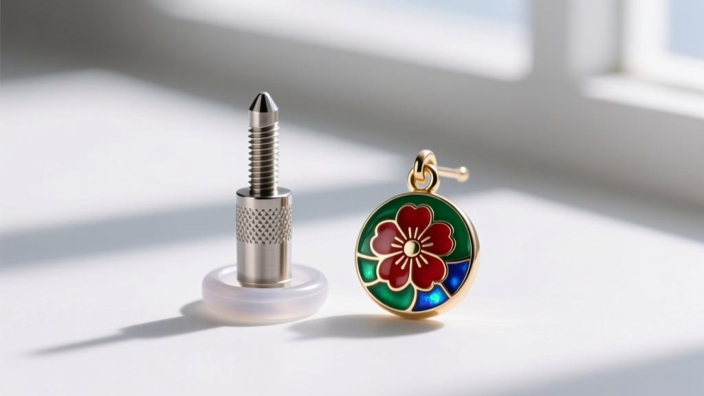 Macro shot of an ASTM F-136 titanium earring post with clear silicone O-ring backing beside a vitreous enamel hanafuda charm