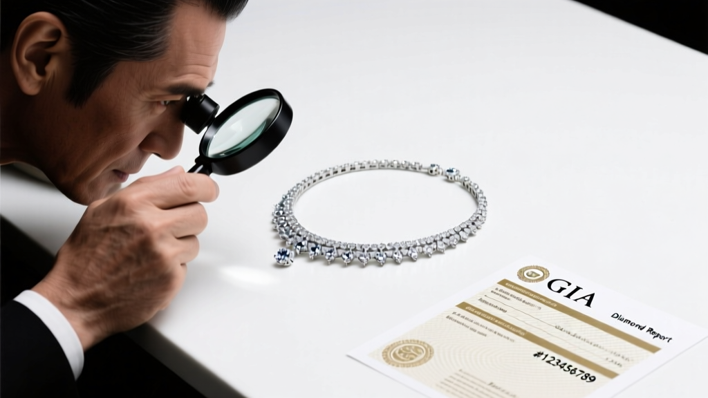 Jeweler examining a diamond necklace with a loupe and GIA certificate on a white desk, professional overhead lighting, realistic