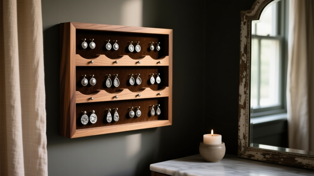 Oak wood wall mounted earring organizer with velvet slots holding oxidized silver studs in a dimly lit, moody vanity room setting.