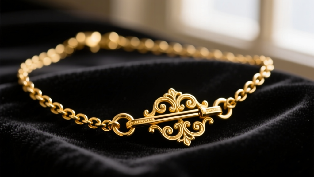 Close-up of a Victorian 15k yellow gold Albert chain necklace with a T-bar clasp and dog clip resting on dark velvet fabric.