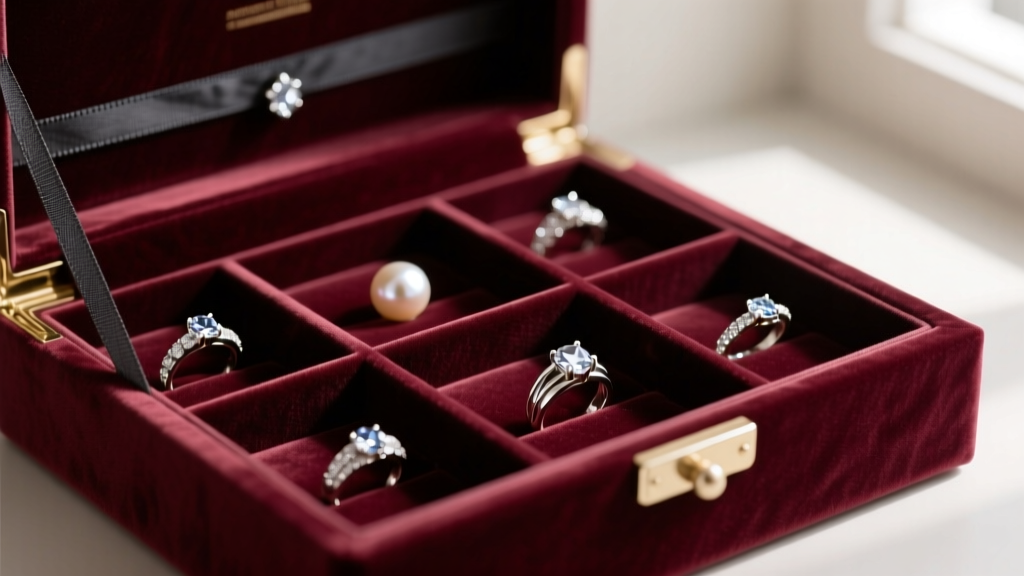 Velvet jewelry drawer with anti-tarnish charcoal strips, separated compartments for porous pearls, and sparkling silver rings.