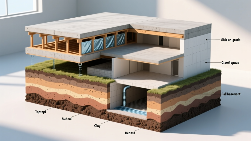 Cross-section architectural blueprint showing various types of foundation including slab, crawl space, and basement with soil strata layers