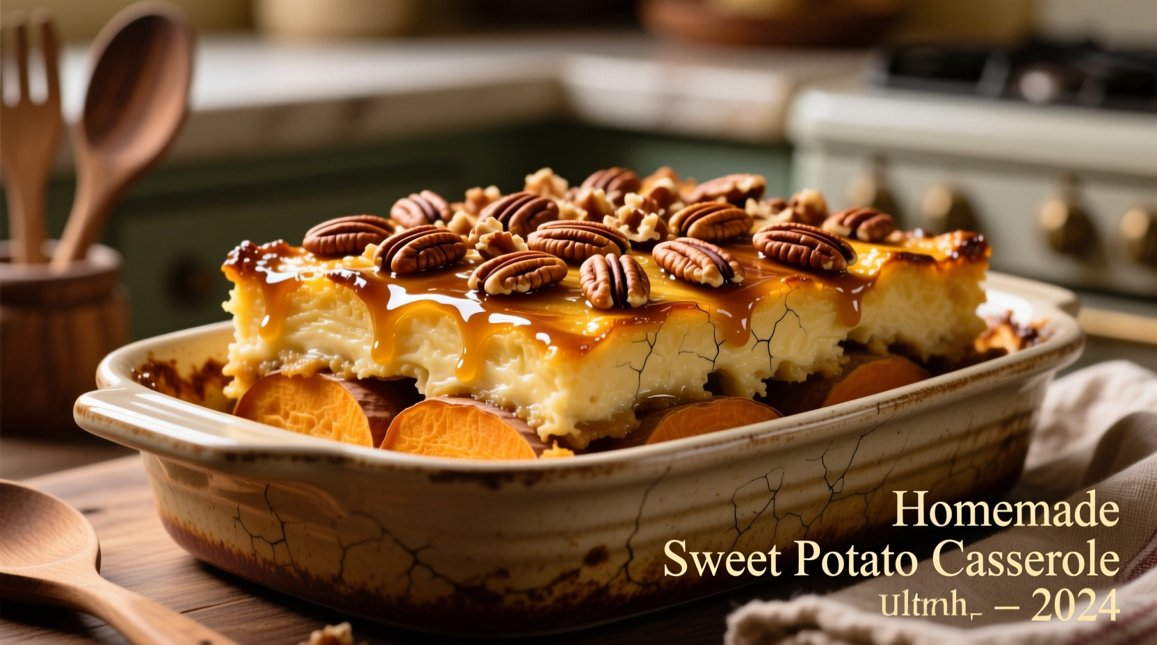 Golden sweet potato casserole with toasted pecan topping