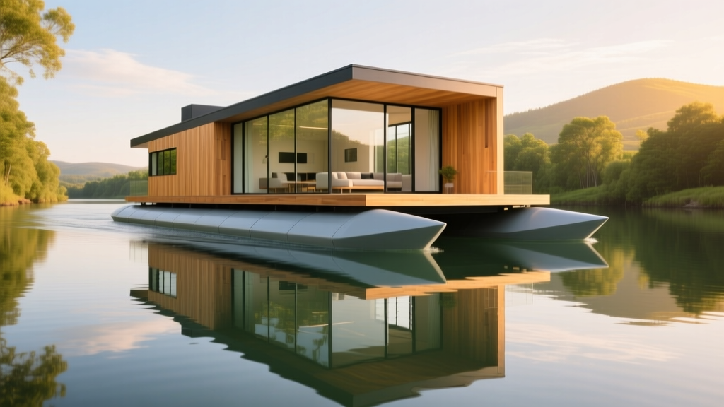 Architectural rendering of a modern amphibious Ark home floating on a calm river, featuring marine-grade polymer pontoons and acetylated wood cladding