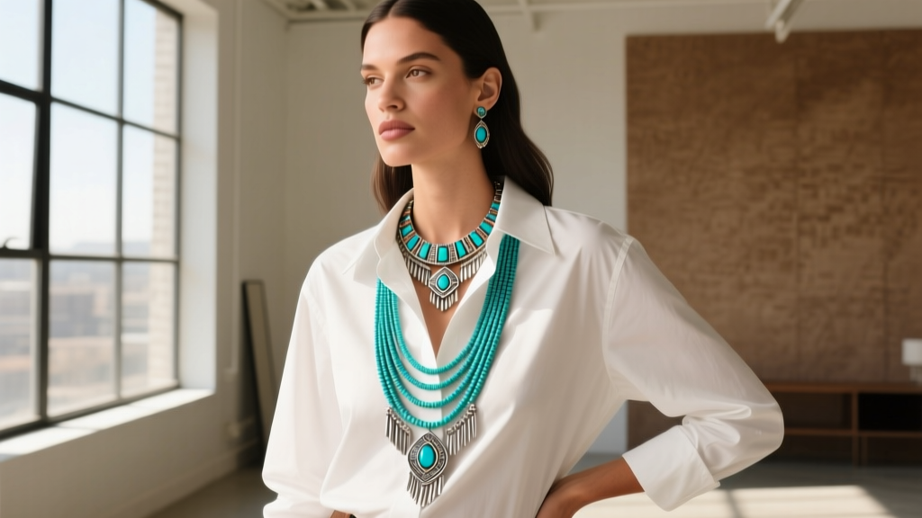 Model wearing layered turquoise and silver lariat necklace over a crisp white Oxford shirt, showcasing Southwestern luxe styling.