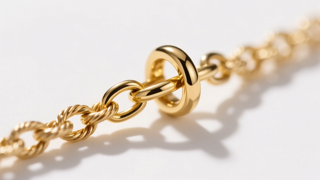 Macro shot of a 3mm gold pendant bail threaded onto a 1.5mm rope chain, showing precise fit and interlocking metal links.
