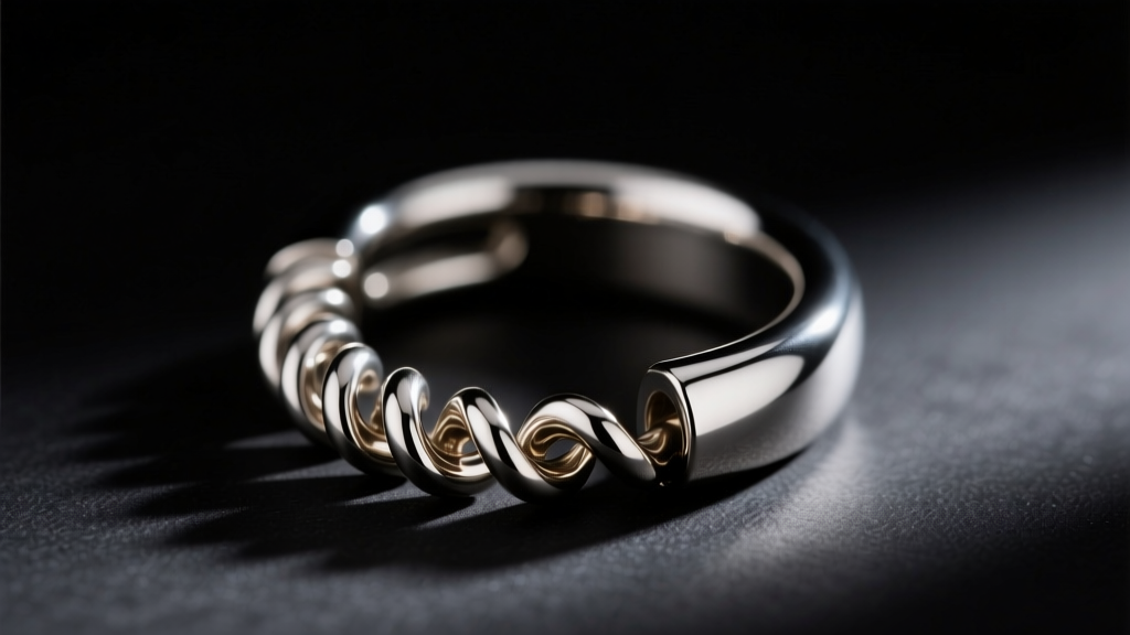Macro photo of an 18-gauge titanium corkscrew ear cuff showing the tension curve and polished metal finish against a dark backdrop.