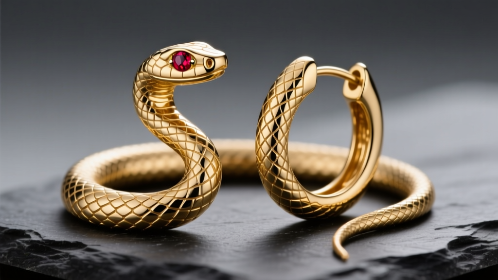 Macro shot of 14k gold vermeil snake hoop earrings on dark slate, showing engraved scales and ruby eyes under soft studio lighting.