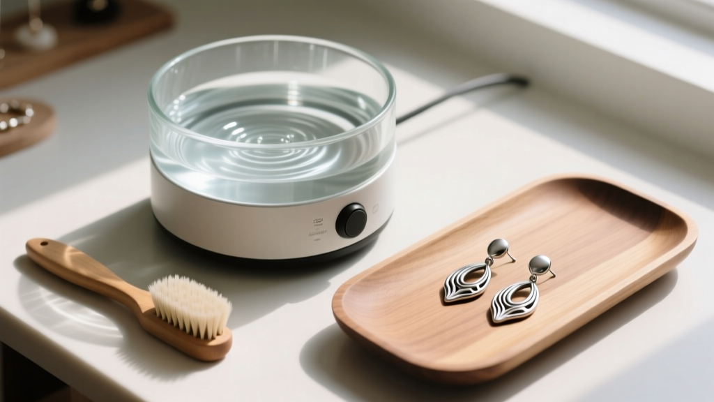 Overhead view of an ultrasonic bath, soft brush, and bamboo silver drop earrings on a wooden tray in a bright jewelry studio.