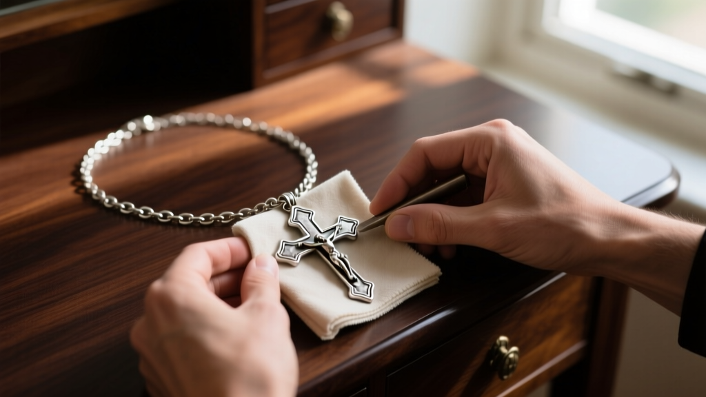 Hands polishing a tarnished sterling silver five-way Catholic scapular necklace with a soft cloth on a dark wooden vanity table.