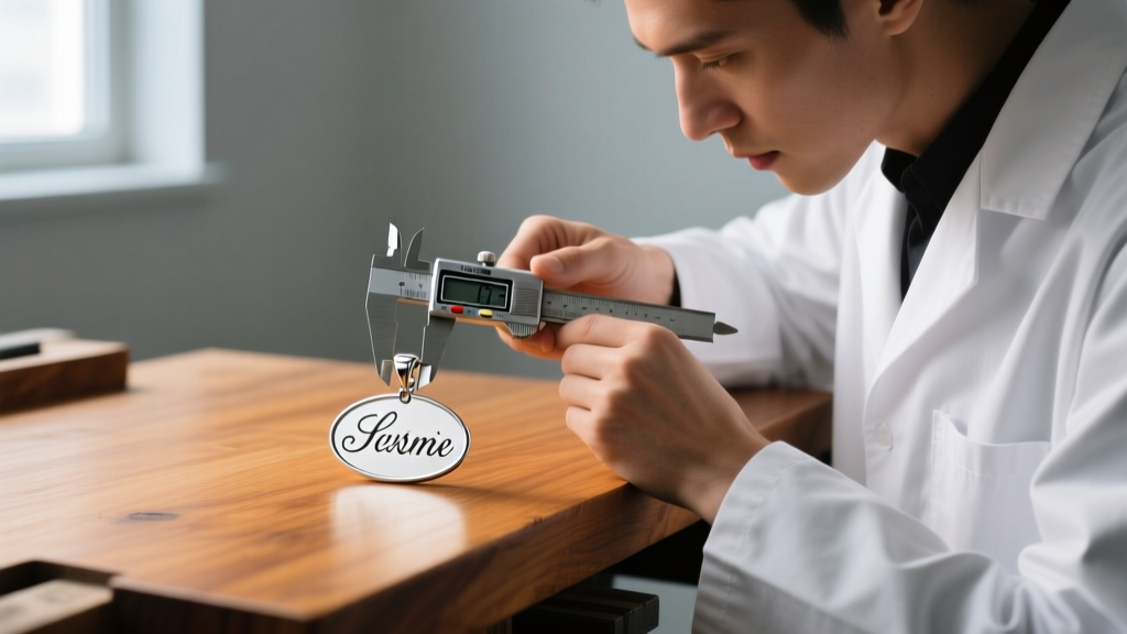 Jeweler using digital calipers to measure the exact width and height of a custom cursive nameplate pendant on a wooden workbench.