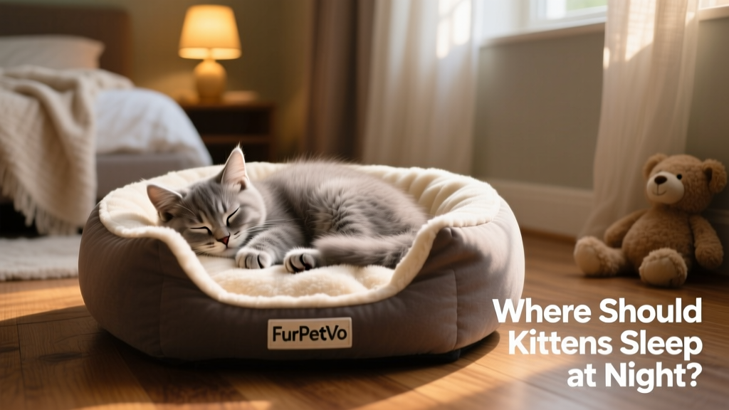 A fluffy gray kitten nestled comfortably in a FurPetVo self-warming bolster bed with raised edges