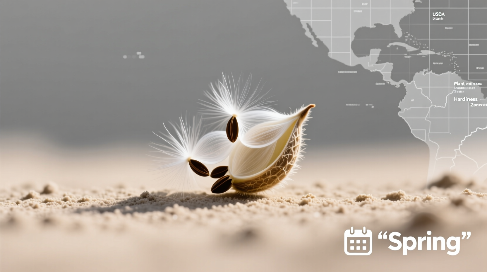 USDA Plant Hardiness Zone Map highlighting milkweed planting regions with seasonal markers