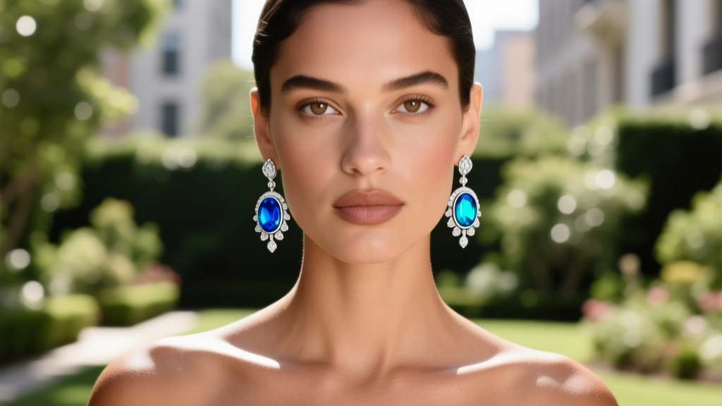 Model wearing sterling silver Sleeping Beauty turquoise drop earrings, highlighting the bright blue stones against warm skin tones outdoors