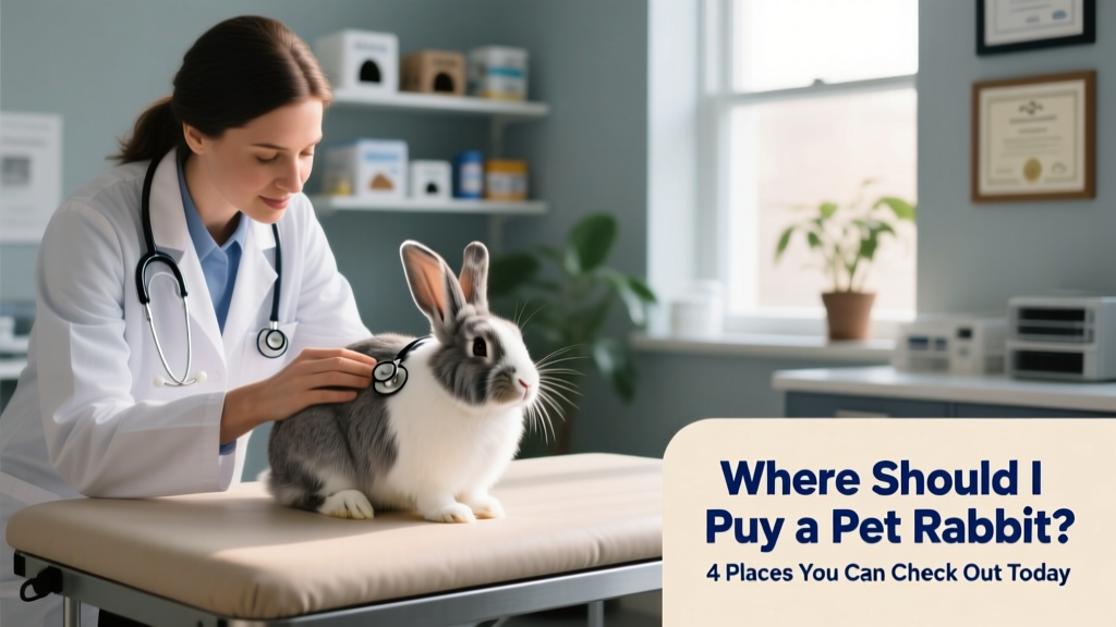 A veterinarian gently examining a rabbit on a padded exam table, with visible stethoscope and calm demeanor